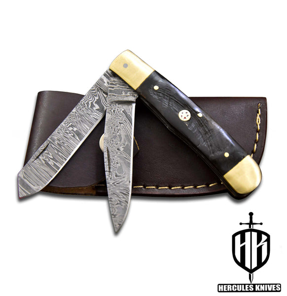 C553-EDC Pocket Folding Knife, Made of Custom Hand Forged Damascus Steel With Rams Horn Handle and Leather Sheath