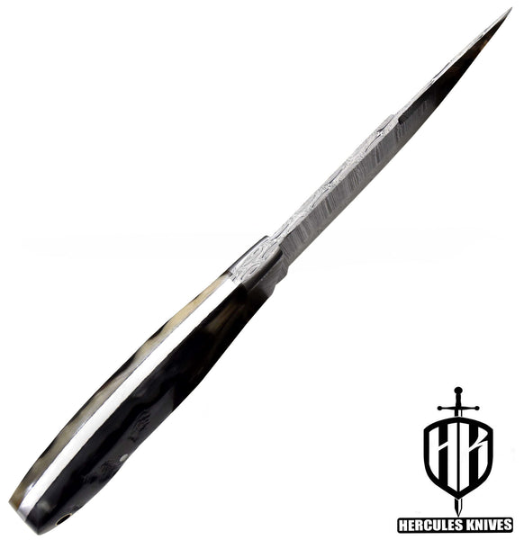 T114-Custom Hand Forged Damascus Steel Fixed Blade Camping Knife with Rams Horn Handle | Handmade | Leather Sheath