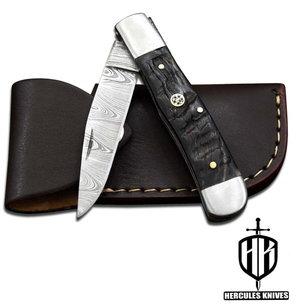 C640-EDC Pocket Folding Knife, Made of Custom Hand Forged Damascus Steel With Rams Horn Handle and Leather Sheath