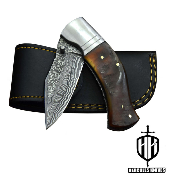 C388-EDC Pocket Folding Knife, Made of Custom Hand Forged Damascus Steel With Rams Horn Handle and Leather Sheath.