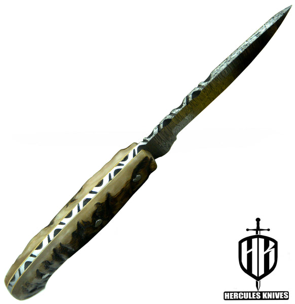 T27-Custom Hand Forged Damascus Steel Fixed Blade Camping Knife with Rams Horn Handle | Handmade | Leather Sheath
