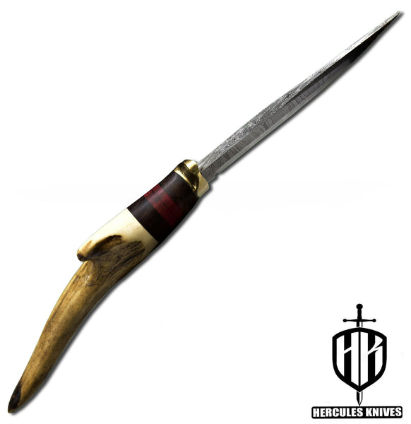 J958-Custom Hand Forged Damascus Steel Camping Knife with Stag Horn Handle | Handmade | Leather Sheath