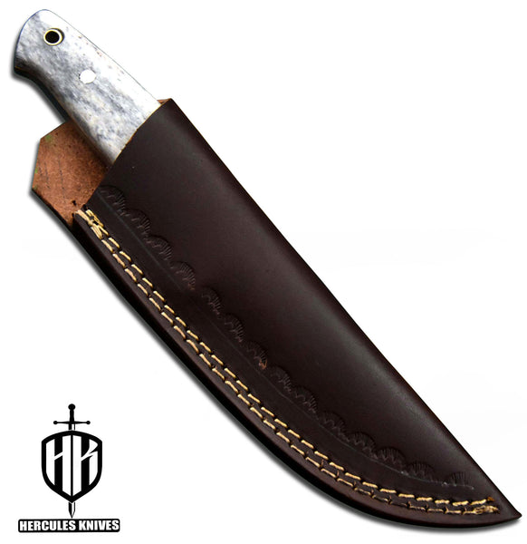 J704-Custom Hand Forged Damascus Steel Fixed Blade Camping Knife with Camel Bone Handle | Handmade | Leather Sheath