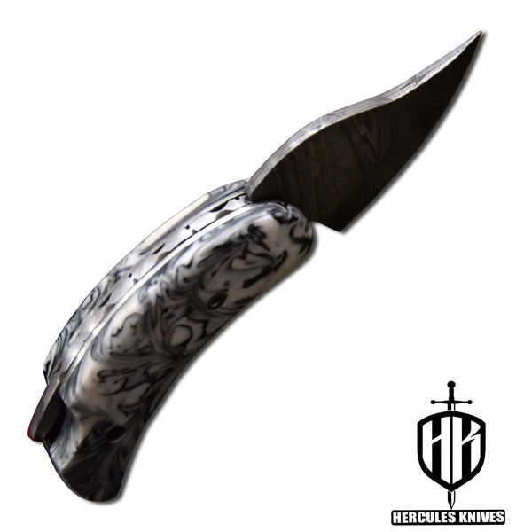 C604-EDC Pocket Folding Knife, made of Custom Hand Forged Damascus Steel with Resin Handle and Leather Sheath