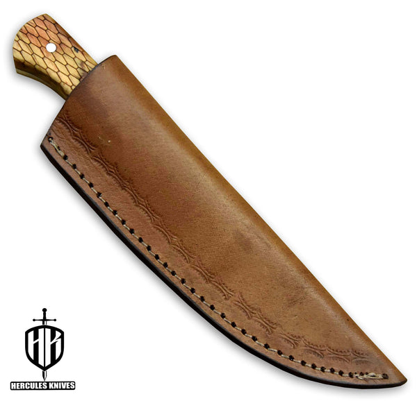 Q474-Custom 440C Steel Falcon Ridge Fixed Blade Camping Hunting Knife with Olive Handle | Handmade | Leather Sheath