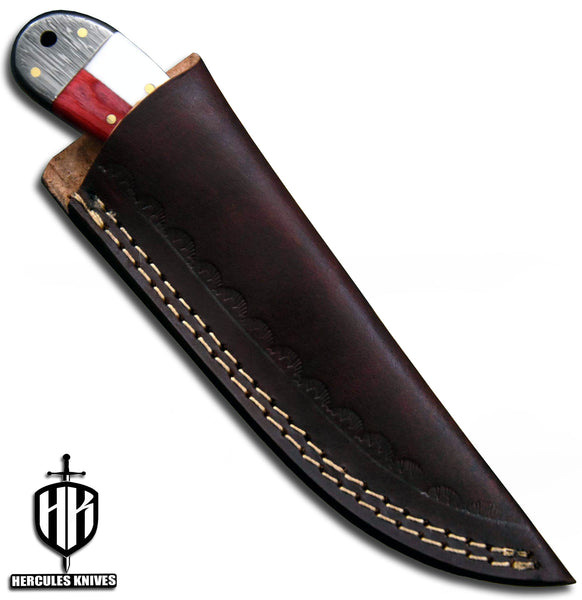 J597-Custom Hand Forged Damascus Steel Camping Survival Knife with Texas Handle | Handmade | Leather Sheath