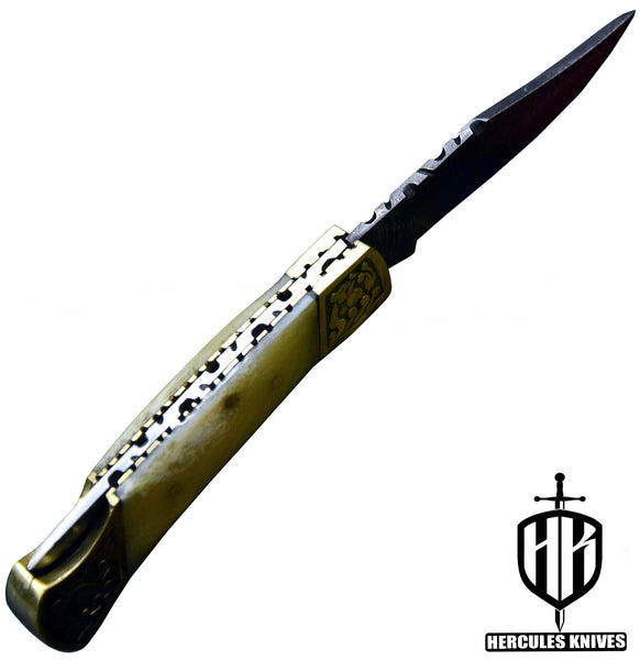 C513-EDC Pocket Folding Knife, Made of Custom Hand Forged Damascus Steel with Camel Bone Handle and Leather Sheath.