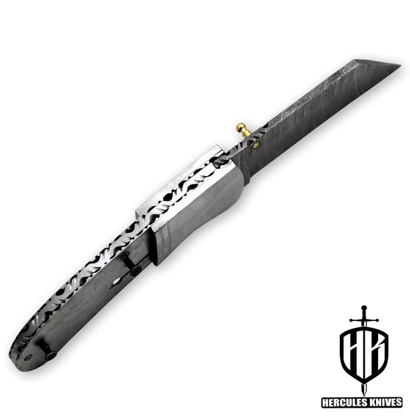 FL855-Custom Hand Forged Damascus Steel Pocket Folding Blank Knife Camping EDC Knife With Steel Bolster