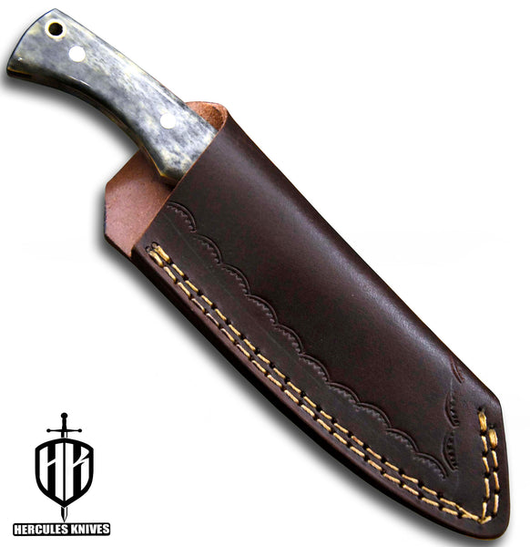 J700-Custom Hand Forged Damascus Steel Fixed Blade Camping Knife With Camel Bone Handle | Handmade | Leather Sheath