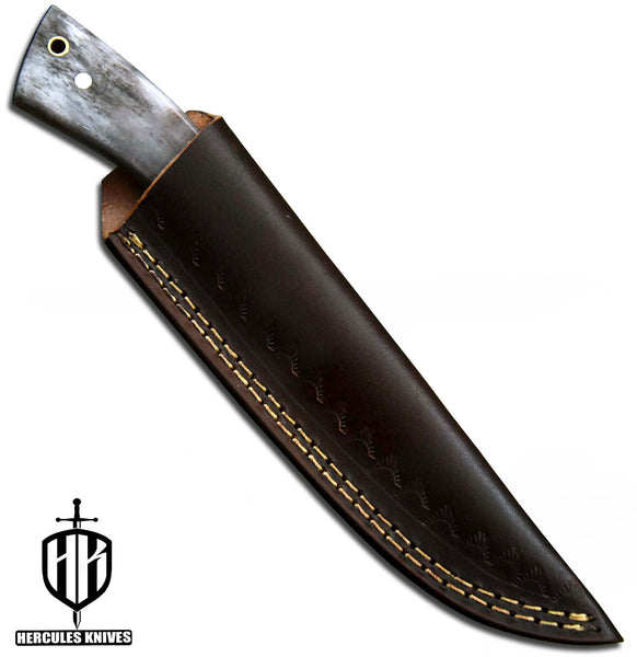 J693-Custom Hand Forged Damascus Steel Fixed Blade Camping Knife with Camel Bone Handle | Handmade | Leather Sheath
