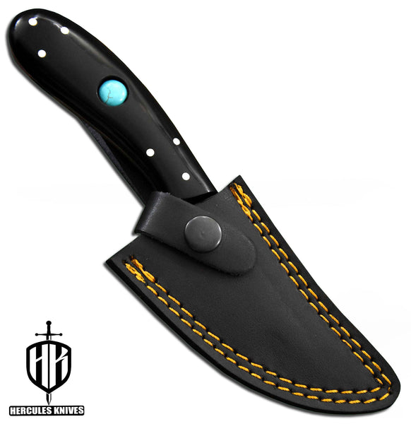 J719-Custom Hand Forged Damascus Steel Camping Knife with Horn Handle | Handmade | Leather Sheath