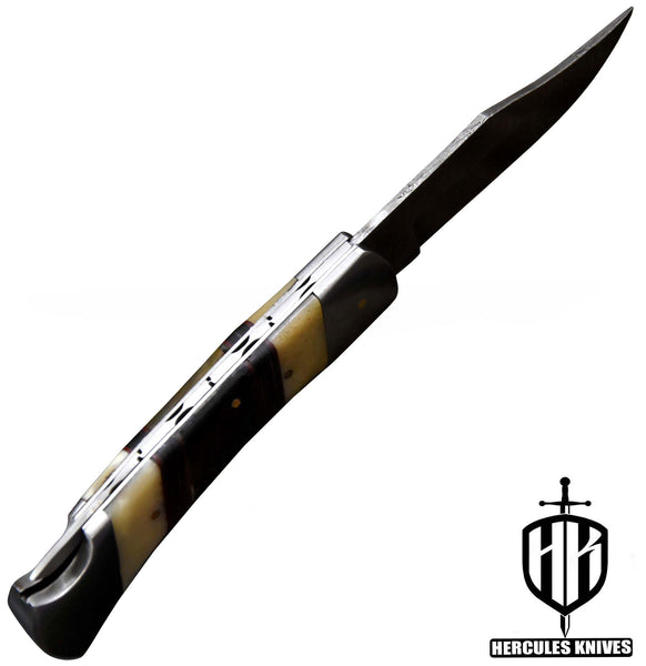 C628-EDC Pocket Folding Knife, Made of Custom Hand Forged Damascus Steel With Camel Bone & Rams Horn Handle and Leather Sheath