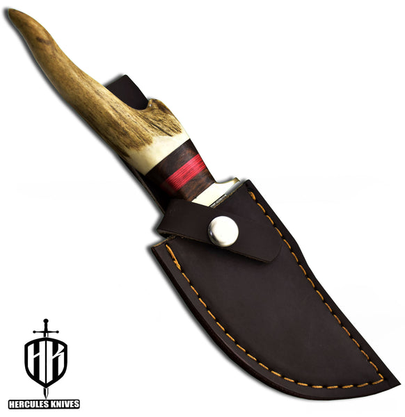 J958-Custom Hand Forged Damascus Steel Camping Knife with Stag Horn Handle | Handmade | Leather Sheath
