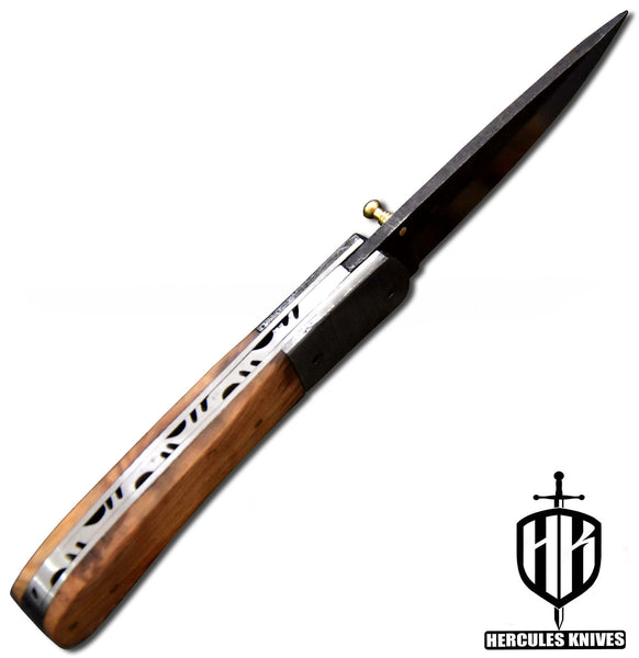 C587-EDC Pocket Folding Knife Custom Hand Forged Hammered Spring Steel 5160 With Olive Handle and Leather Sheath