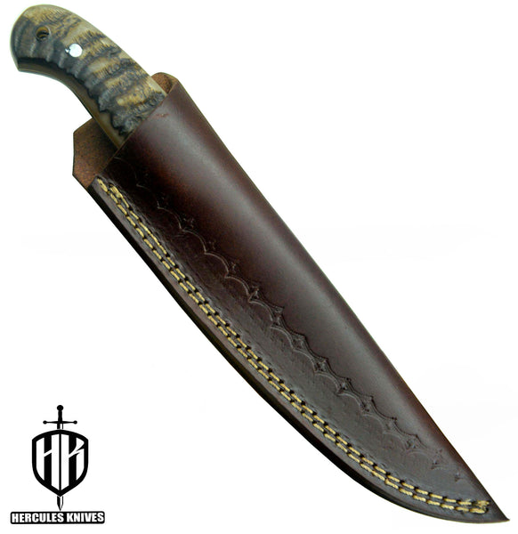 T27-Custom Hand Forged Damascus Steel Fixed Blade Camping Knife with Rams Horn Handle | Handmade | Leather Sheath