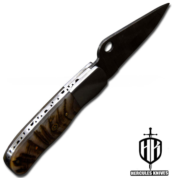 C632-EDC Pocket Folding Knife, Made of Custom Hand Forged Damascus Steel With Rams Horn Handle and Leather Sheath