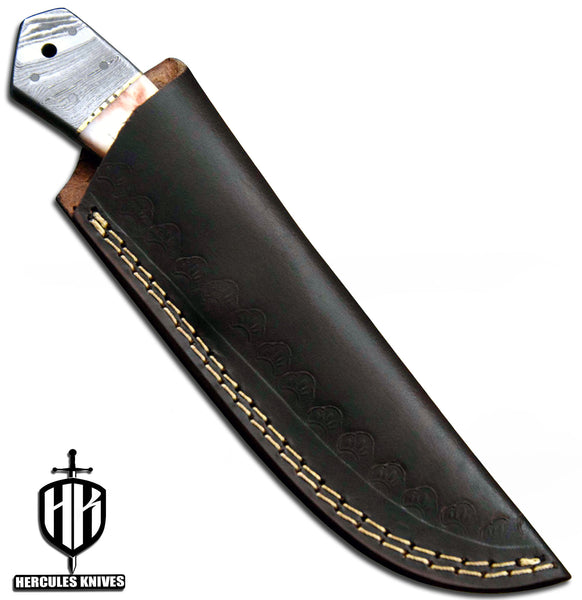 J644-Custom Hand Forged Damascus Steel Fixed Blade Camping Knife with Camel Bone Handle | Handmade | Leather Sheath