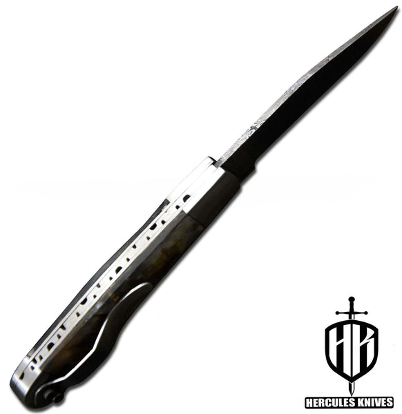 C640-EDC Pocket Folding Knife, Made of Custom Hand Forged Damascus Steel With Rams Horn Handle and Leather Sheath