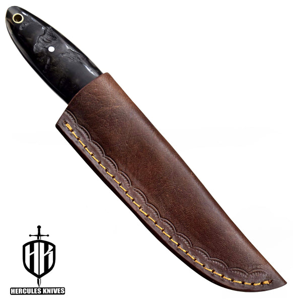 T114-Custom Hand Forged Damascus Steel Fixed Blade Camping Knife with Rams Horn Handle | Handmade | Leather Sheath