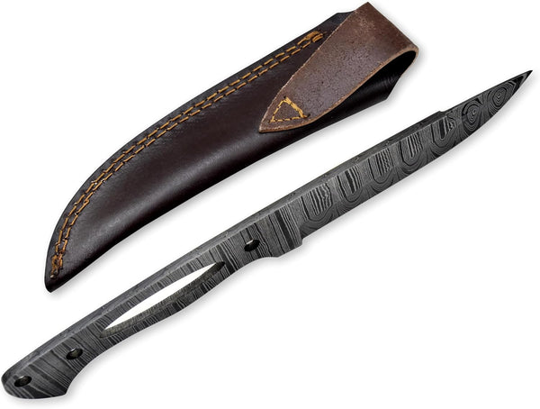 Custom Hand Forged Damascus Steel Blank Blade DIY Knife Making Kit Including Walnut Scale, Leather sheath, Pin, Fiber Sheet Camping Blade Damascus Blade Billet Handmade Knife Making Supply (BK-L)