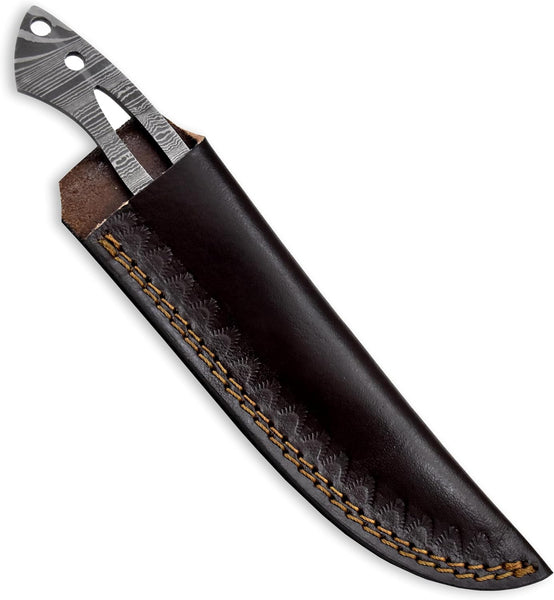 Custom Hand Forged Damascus Steel Blank Blade DIY Knife Making Kit Including Walnut Scale, Leather sheath, Pin, Fiber Sheet Camping Blade Damascus Blade Billet Handmade Knife Making Supply (BK-K)