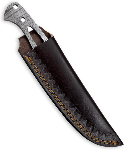 Custom Hand Forged Damascus Steel Blank Blade DIY Knife Making Kit Including Walnut Scale, Leather sheath, Pin, Fiber Sheet Camping Blade Damascus Blade Billet Handmade Knife Making Supply (BK-L)