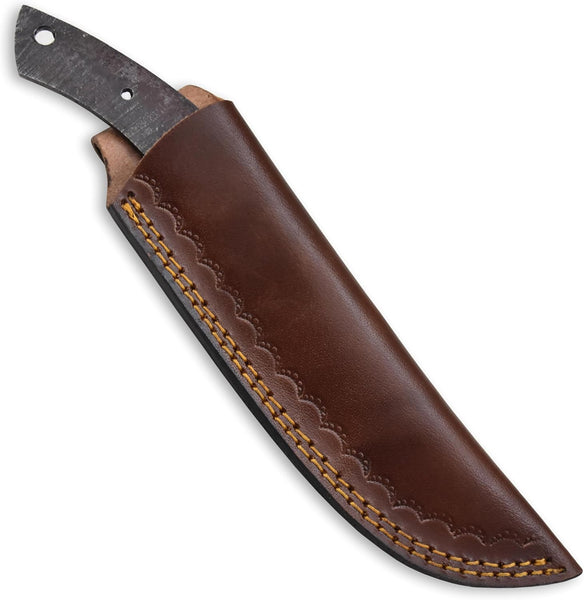 Custom Hand Forged Damascus Steel Blank Blade DIY Knife Making Kit Including Walnut Scale, Leather sheath, Pin, Fiber Sheet Camping Blade Damascus Blade Billet Handmade Knife Making Supply (BK-J)