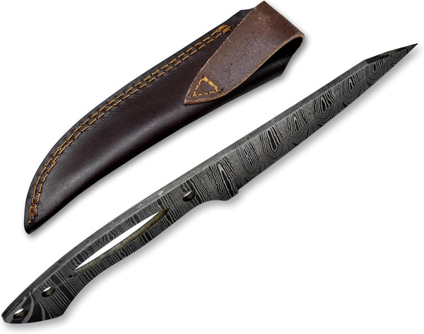 Custom Hand Forged Damascus Steel Blank Blade DIY Knife Making Kit Including Walnut Scale, Leather sheath, Pin, Fiber Sheet Camping Blade Damascus Blade Billet Handmade Knife Making Supply (BK-K)