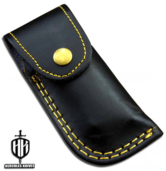 C393-EDC Pocket Folding Knife, Made of Custom Hand Forged Damascus Steel With Rams Horn Handle and Leather Sheath