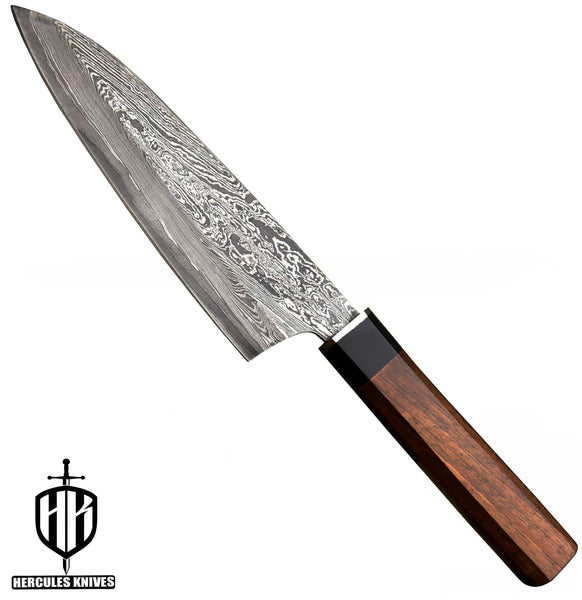 J76-Custom Hand Forged Damascus Steel Chef Kitchen Knife With Walnut & Horn Handle Handmade