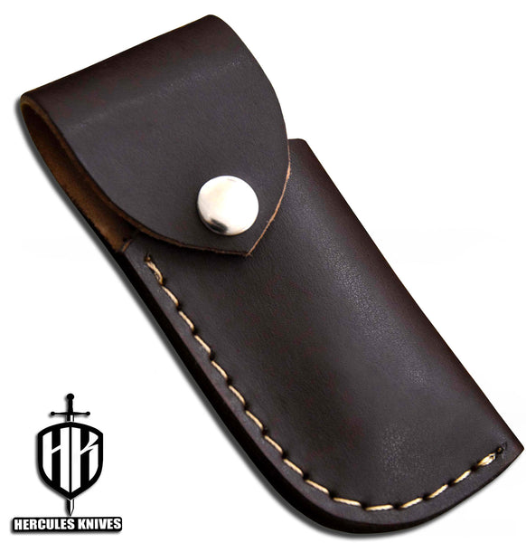 C632-EDC Pocket Folding Knife, Made of Custom Hand Forged Damascus Steel With Rams Horn Handle and Leather Sheath