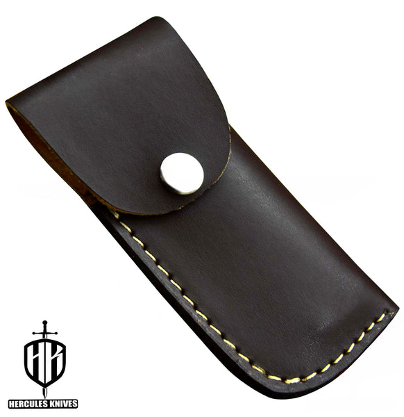 C513-EDC Pocket Folding Knife, Made of Custom Hand Forged Damascus Steel with Camel Bone Handle and Leather Sheath.