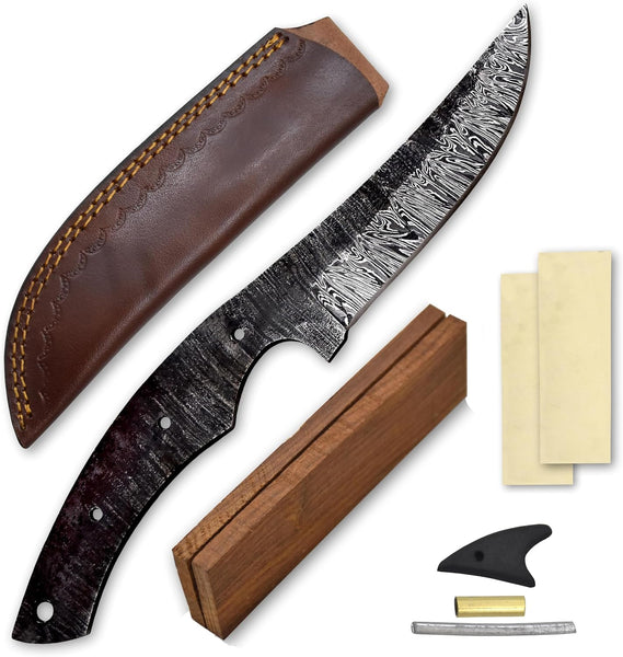 Custom Hand Forged Damascus Steel Blank Blade DIY Knife Making Kit Including Walnut Scale, Leather sheath, Pin, Fiber Sheet Camping Blade Damascus Blade Billet Handmade Knife Making Supply (BK-J)