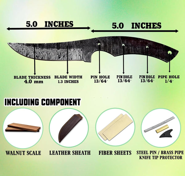 Custom Hand Forged Damascus Steel Blank Blade DIY Knife Making Kit Including Walnut Scale, Leather sheath, Pin, Fiber Sheet Camping Blade Damascus Blade Billet Handmade Knife Making Supply (BK-J)
