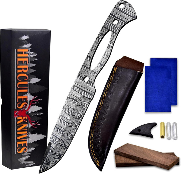 Custom Hand Forged Damascus Steel Blank Blade DIY Knife Making Kit Including Walnut Scale, Leather sheath, Pin, Fiber Sheet Camping Blade Damascus Blade Billet Handmade Knife Making Supply (BK-L)
