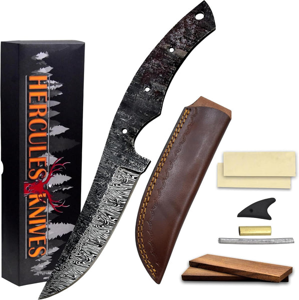 Custom Hand Forged Damascus Steel Blank Blade DIY Knife Making Kit Including Walnut Scale, Leather sheath, Pin, Fiber Sheet Camping Blade Damascus Blade Billet Handmade Knife Making Supply (BK-J)