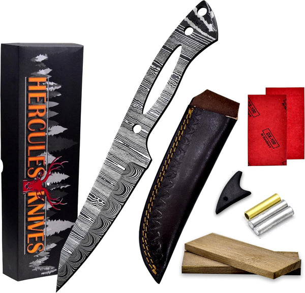 Custom Hand Forged Damascus Steel Blank Blade DIY Knife Making Kit Including Walnut Scale, Leather sheath, Pin, Fiber Sheet Camping Blade Damascus Blade Billet Handmade Knife Making Supply (BK-K)
