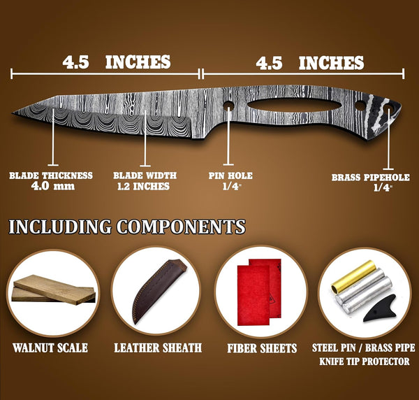 Custom Hand Forged Damascus Steel Blank Blade DIY Knife Making Kit Including Walnut Scale, Leather sheath, Pin, Fiber Sheet Camping Blade Damascus Blade Billet Handmade Knife Making Supply (BK-K)