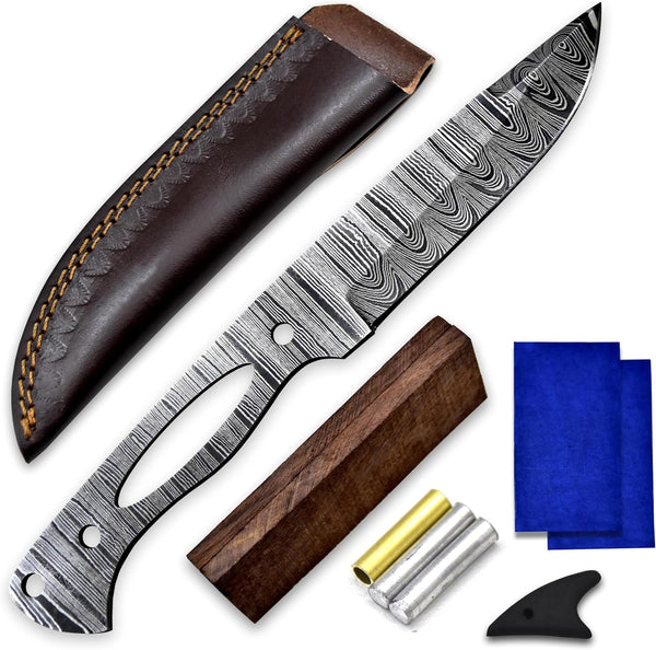 Custom Hand Forged Damascus Steel Blank Blade DIY Knife Making Kit Including Walnut Scale, Leather sheath, Pin, Fiber Sheet Camping Blade Damascus Blade Billet Handmade Knife Making Supply (BK-L)