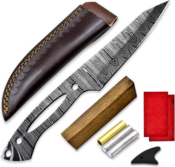 Custom Hand Forged Damascus Steel Blank Blade DIY Knife Making Kit Including Walnut Scale, Leather sheath, Pin, Fiber Sheet Camping Blade Damascus Blade Billet Handmade Knife Making Supply (BK-K)