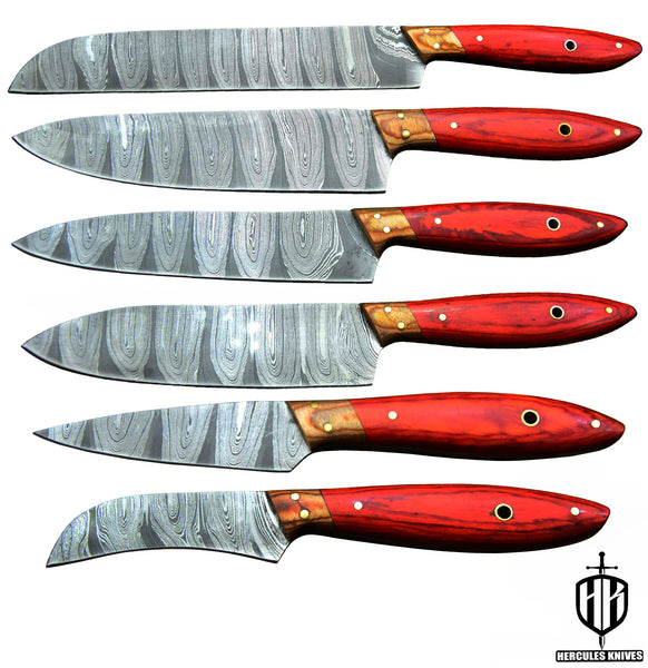 Q840-Q845-Custom Hand Forged Damascus Steel Chef Set Of 6Pcs Knife With Wooden Handle Handmade