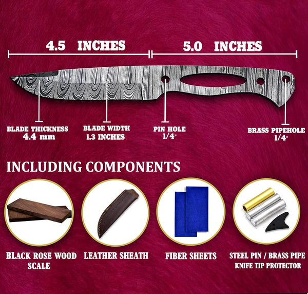 Custom Hand Forged Damascus Steel Blank Blade DIY Knife Making Kit Including Walnut Scale, Leather sheath, Pin, Fiber Sheet Camping Blade Damascus Blade Billet Handmade Knife Making Supply (BK-L)