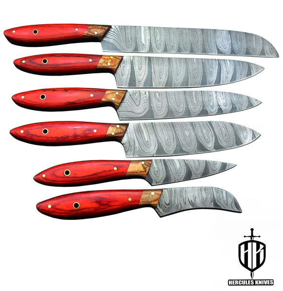 Q840-Q845-Custom Hand Forged Damascus Steel Chef Set Of 6Pcs Knife With Wooden Handle Handmade