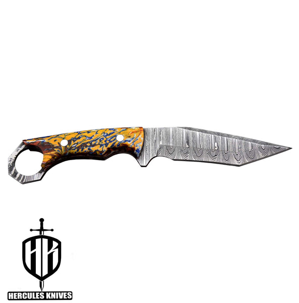 T136-Custom Hand Forged Damascus Steel Tanto Camping Knife with Resin Handle | Handmade | Leather Sheath