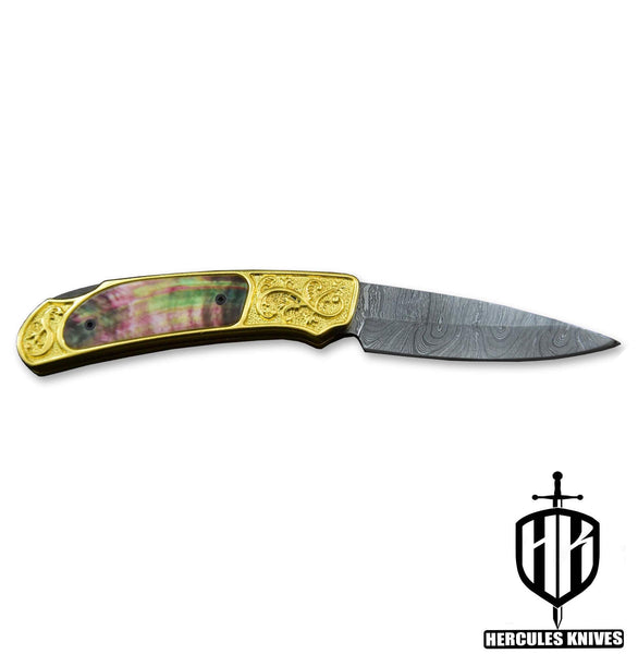 Custom Hand Forged Damascus Steel 24K Gold Plated Folding Knife Handmade With Camel Bone 3D Wax Laser Printing Handle