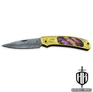 Custom Hand Forged Damascus Steel 24K Gold Plated Folding Knife Handmade With Camel Bone 3D Wax Laser Printing Handle