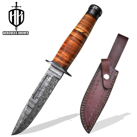Hercules Custom Hand Forged Damascus Steel Combat Knife K A BAR Fixed Blade Hunting Knife Leather Handle With Leather Sheath Handmade