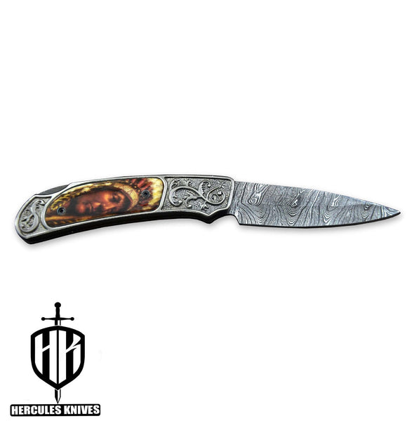 Custom Hand Forged Damascus Steel PVD Black Grey Coating Folding Knife Handmade Camel Bone Red Indian 3D Wax Laser Printing Handle