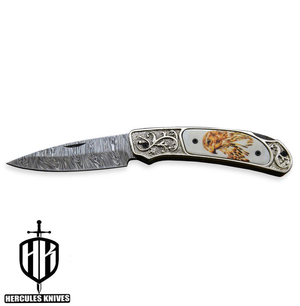 Custom Hand Forged Damascus Steel Folding Knife White Copper PVD Wax Coating American Eagle Handle