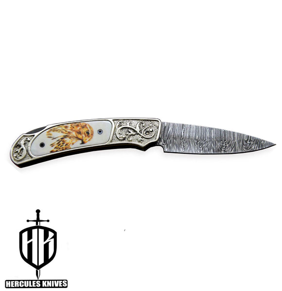 Custom Hand Forged Damascus Steel Folding Knife White Copper PVD Wax Coating American Eagle Handle